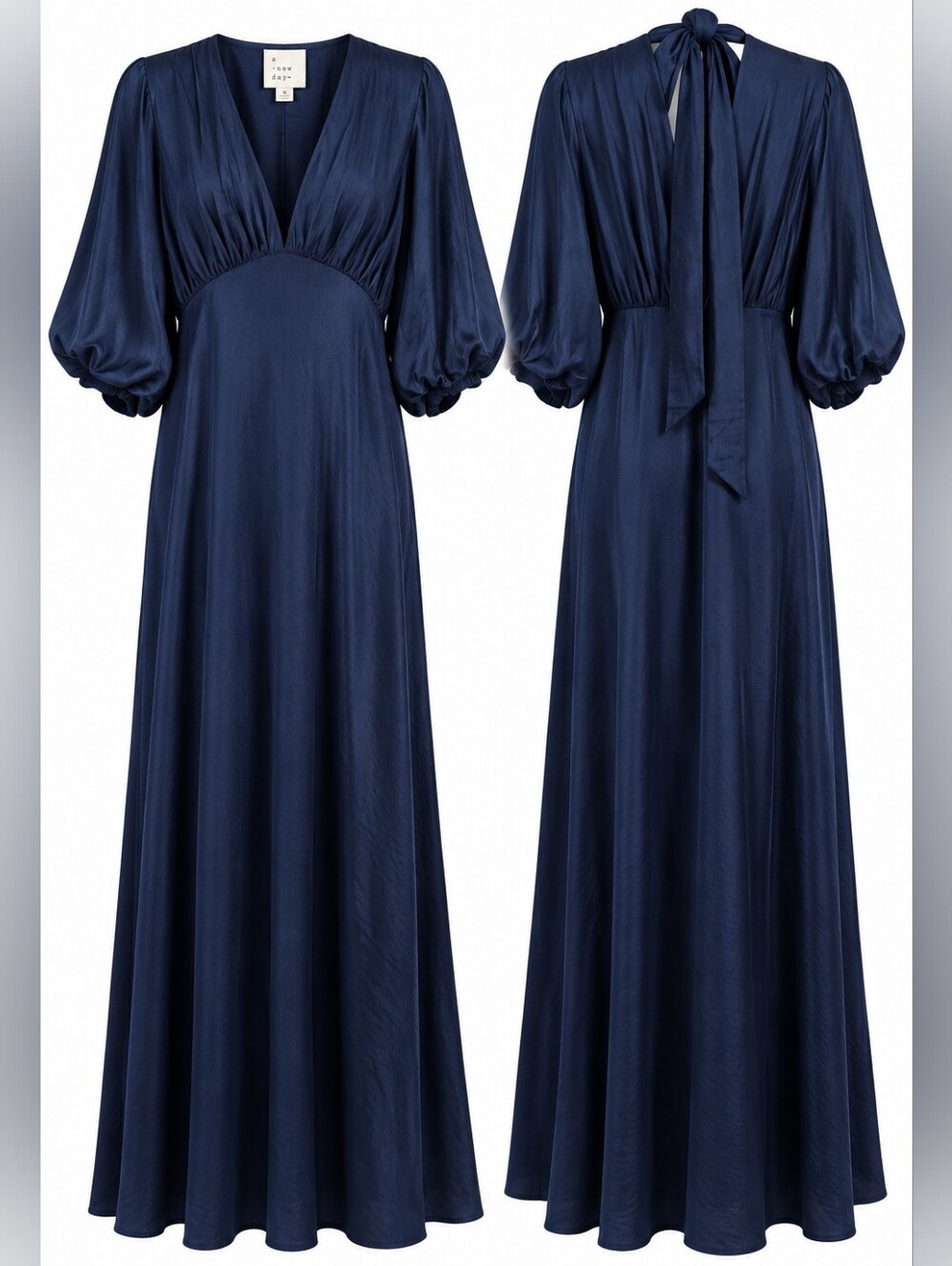 A New Day Navy Satin Maxi Dress Balloon Sleeve Tie Neck Empire Waist NWT M